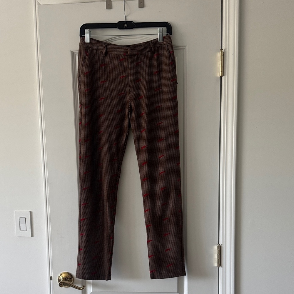Men's Brown Checked Dress Pants with Red Accent